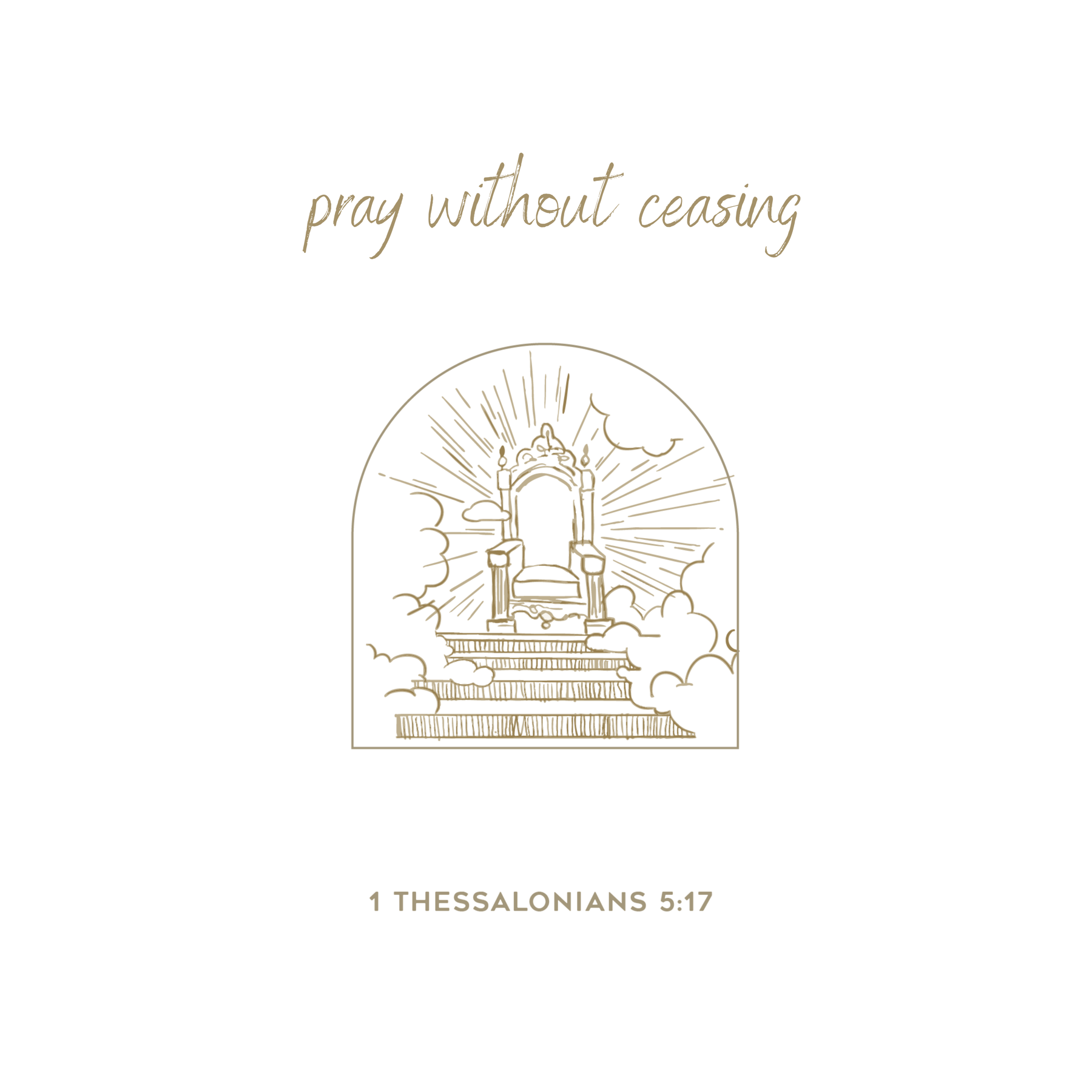 Gold line illustration of a throne surrounded by clouds and rays of light.